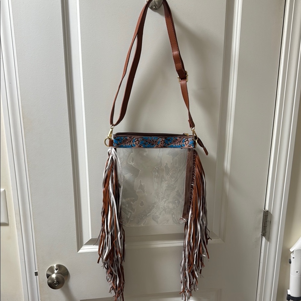 NWOT Clear Crossbody Bag With Brown and Blue Faux Leather Fringe